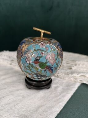 Vintage Turquoise Cloisonné Enamel Apple Trinket Box Jar with Bird Motif